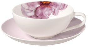 Villeroy & Boch Rose Garden Teetasse mit Untertasse, 110 ml, Tee-Set mit Blumen-Dekor für 1 Person, Spülmaschinenfest, Premium Porzellan, Rosa