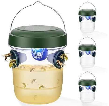 Lot de 4 pièges à guêpes à suspendre en plein air - Sans produits chimiques - Avec lumière LED - Avec lumière LED - Piège à frelons à énergie solaire - Pour attractif naturel - 4 - Vert