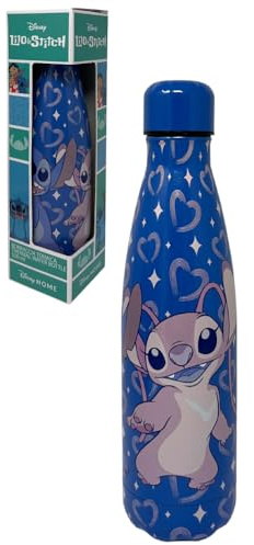 CARTOON Bouteille isotherme Angel et Stitch bleue en acier inoxydable avec bouchon dévissable, gourde 500 ml en acier inoxydable pour enfants et adolescents