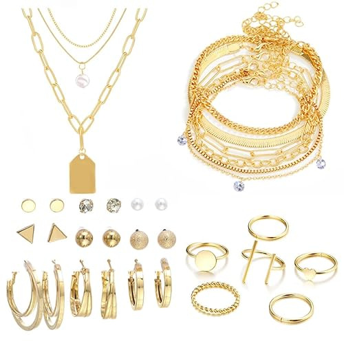 CHarmeFleur 33 Stück Gold Schmuck Set für Frauen Modischer Modeschmuck Goldplattiertes Halsband Armband Ring Ohrringe Set Gold Schmuck Set für Frauen