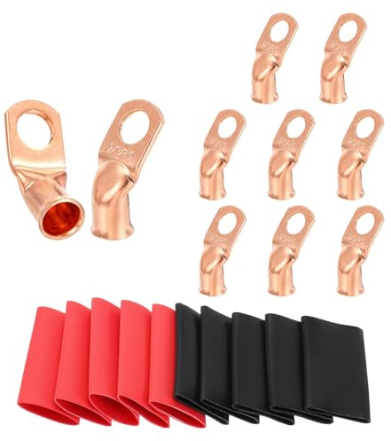 sourcing map 10 capicorda in rame curvato a 45°, 2 AWG, terminali per batteria, 2 gauge da 3/8, connettori terminali ad anello con 10 tubi termorestringenti 3:1 nero e rosso