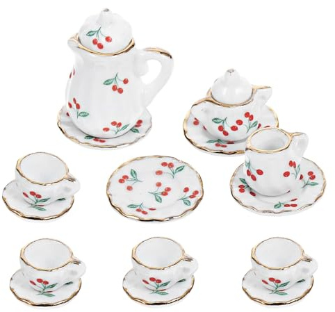 15 Stück Mini Porzellan Teeservice Geschirr Miniatur Teeservice Porzellan Geschirr Miniatur Puppenhaus Teeset Set für 1/12 oder 6/1 uppen Zubehör Puppenküche Teller Szenenmodelle(Kirsche)