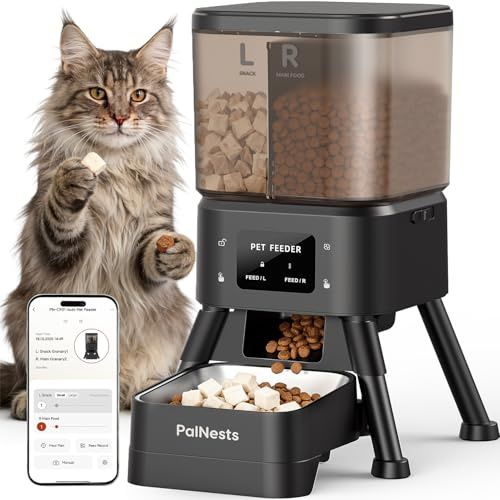 PalNests 4L Distributore Automatico Cibo Gatti con Doppio Tramoggia, 5G/2.4G WiFi Intelligente Dispenser Crocchette Gatto, Controllo App, 2 Scomparto, Timer Programmabile, Ciotola in Acciaio Inox