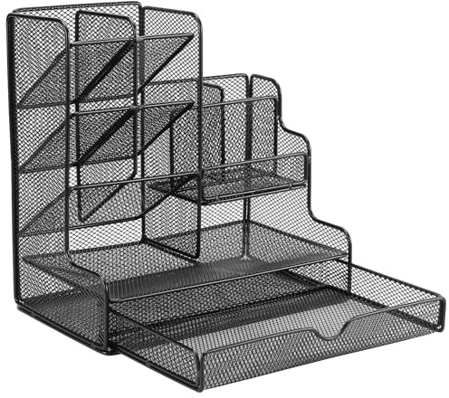 CHEUKYIU Schreibtisch Organizer mit 4 Ebenen, 25,5 x 15 x 18,5cm Schwarz Büro Stiftablage aus Metall, Schreibtischzubehör Mesh für Heim Büro