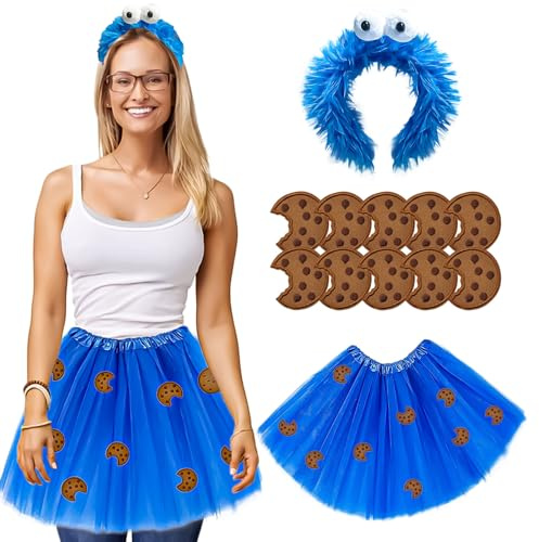 BOOSHMall Krümelmonster Kostüm Damen, Krümelmonster Accessoires Blauem Tüllrock, Cookie Haarreif, Keks Kostüm Cookie Aufkleber für Fasching Karneval Halloween Maskerade Cosplay