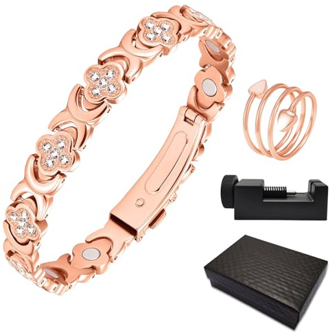 LURICO Bracelet Magnétique en Cuivre pour Femme - Design Trèfle à Quatre Feuilles Porte-Bonheur, Taille Ajustable, Cadeau Élégant en Cuivre Massif avec Aimants Puissants