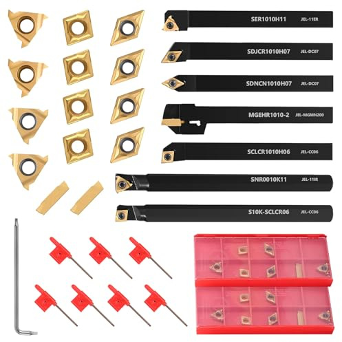 28Pcs Metal Lathe Cutting Tools, 8mm Shank Wood Turning Accessories, with 7 Boring Bars, 14 Carbide Inserts, for External Turning, Grooving, and Internal Boring on Mini Lathe Machine