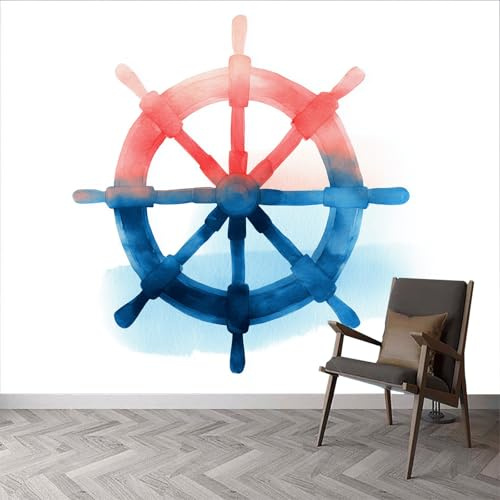 Carta da parati panoramica tema nautico 400L x 280A cm, murale decorazione soggiorno acquerello nautico ruota - Carta da parati design moderno per camera camera dei bambini decorazione murale
