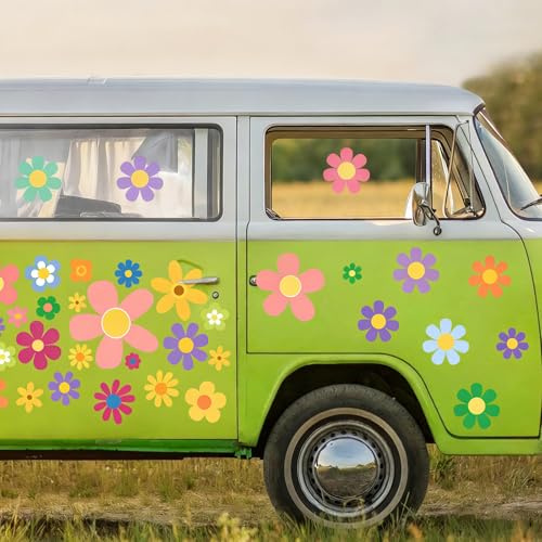 LIULINY 88 PCS Autocollants de Voiture, Autocollants Stickers pour la Voiture Hippie Fleurs, Fleur Sticker Autocollant Vinyle Automobile Décoration, pour SUV Camion Moto Portes, Fenêtre Camping Car