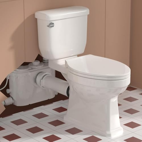 Upflush Macerating Toilet, Two Piece Elongated Tall Toilet with 4 Inlets Macerator Pump for Residential Basement Toilet, Sink, Shower Wastewater Disposal, Auto Start & Stop, Sewage Grinder System