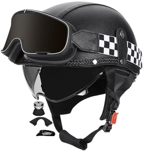 Halvskalshjälm vintage mopedhjälm krasch halvhjälm DOT/ECE-godkänd skoter halvhjälm med öppet ansikte motorcykelhjälm med glasögon för vuxna män kvinnor 3,M (57–58 cm)