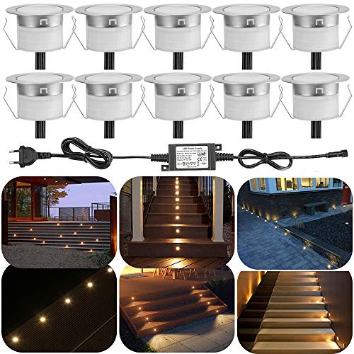 10er Set LED Terrassenbeleuchtung Einbaustrahler Bodeneinbauleuchte Bodenstrahler Aussen Ø31mm DC12V 0.6W LED Boden Licht IP67 Wasserdicht Einbauleuchten Terrasse Küche Garten Led Lampe Warmweiß