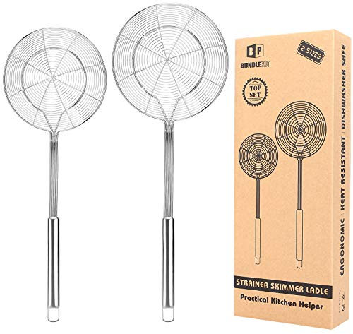 Großer Spinnennetz-Sieb aus Edelstahl, 2 Stück, Küchenlöffel, Siebkelle mit langem Griff, Kochwerkzeug zum Braten, Kochen von Nudeln oder Knödeln