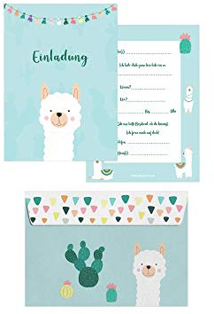 Friendly Fox 12 Lama Einladungen, Einladungskarten mit Umschlag für Kindergeburtstag, DIN A6 Geburtstagseinladung Alpaka Party