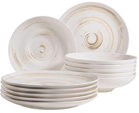 MÄSER 931605 Serie Derby Premium - Vajilla para 6 personas en calidad gastronómica, 12 piezas, juego de platos modernos con efecto pincel de mano, color blanco, porcelana duradera