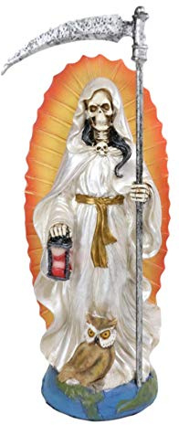 Ebros Gift 7.25 Tall White Tunic Robe Holy Death Santa Muerte Holding Scythe and Hourglass Figurine Symbol of Purity Cleansing Peace Day of The Dead Grim Reaper Decorative Sculpture