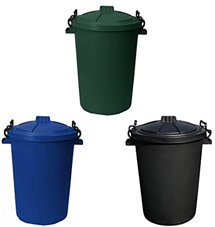 M1SS (Set of 3 50 Litre Black, Dark Green and Blue Heavy Duty Plastic Clip Lock Lid Bin Indoor or Outdoor Rubbish, Waste or Storage of Animal Feed.