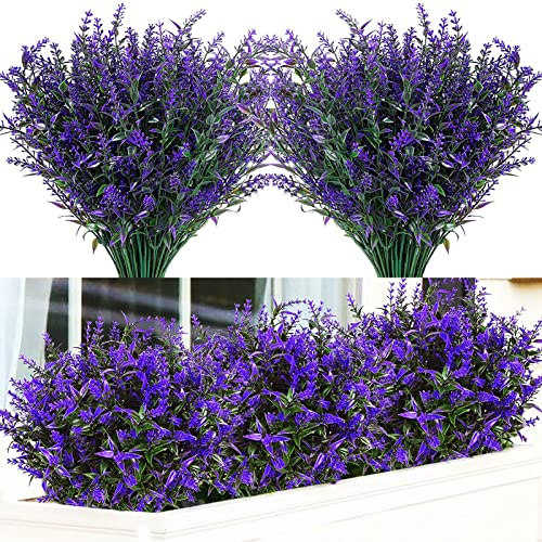 Mnixy 12 Bundles Artificial Flowers Outdoor Artificial Flowers UV Resistant Shrubs Plants Hanging Planter Home Wedding Porch Window Garden Decor (Purple)
