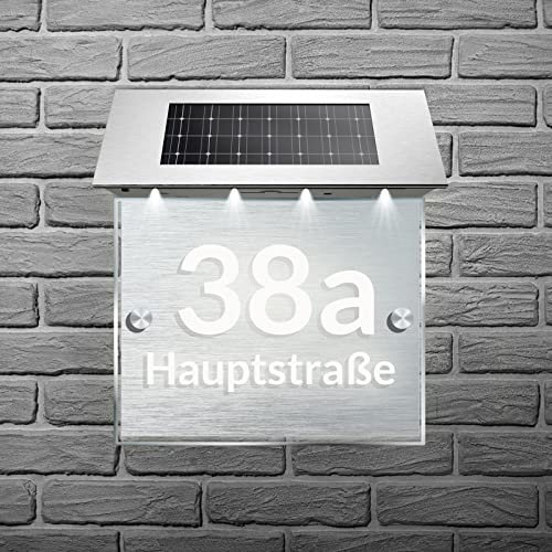 OXYEFEI Numéro de Maison Éclairé Personnalisé Solaire à LED, Plaque Maison/Rue Gravé À Personnaliser 20 x 14 cm, Signalétique Extérieure, Étanche (style 1)