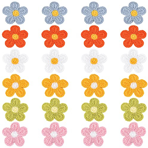 JKJF 24 Stück Gehäkelte Blumen Applikationen Blumen Nähen Aufnäher Blumen Dekorative Patches für DIY Handwerk Kleidung Kleid Jeans Taschen Hüte Schuhe Haarschmuck - 6 Farben Stil 1