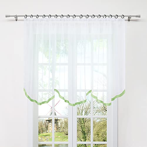 HongYa Gardine Store mit Kräuselband Transparenter Voile Bogenstore Blumenfenster Küche Vorhang mit Satinband H/B 100/400 cm Grün
