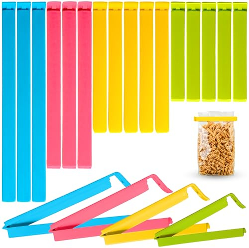 Pack of 16 - Sturdy Food Bag Clips for Sealing all sort of Unfinished Food bags - 5 Assorted Sizes & Colors - Keep Food Packets Tightly Sealed, Fresh, Air & moisture-proof (Presented in Ziplock Bag)