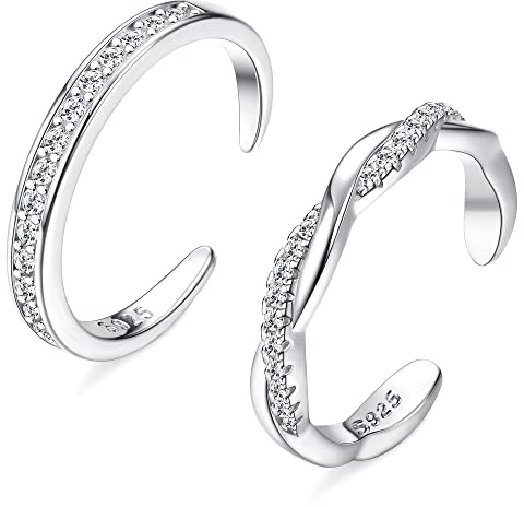 FIASASO 2 Pcs Sterling Silver Toe Rings for Women Adjustable Band Toe Rings Summer Beach Open Toe Ring Foot Jewelry Set Silver