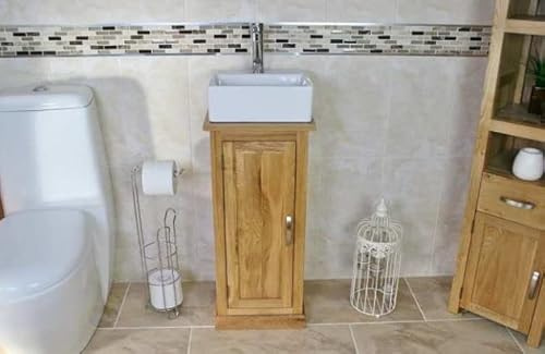 Slim Wooden Bathroom Vanity Sink with Mirrored Cabinet – Natural Oak Bathroom Sink Cabinet with Oak Top - Vanity Unit with Ceramic & Glass Bowls Sink and Chromed Mixer Tap - Tap Mounted Rectangle Bowl