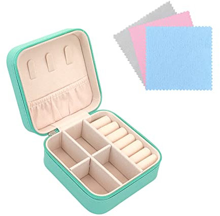 FuninCrea Joyero Viaje de Cuero PU, Joyero Pequeña con Cierre de Cremallera, Mini Organizador de Joyas Portátil Jewelry Organizer, Joyero Organizador de Viaje con 3 Paños de Plata para Mujer (azul)