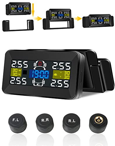 【Neueste】TPMS Reifendruckkontrollsystem mit Freistehende Halterung Großer Bildschirm Kabellos Reifendrucküberwachungsystem 0.01Bar Solar/Type-C Ladung mit 4 Externen Reifendrucksensor 21-87Psi