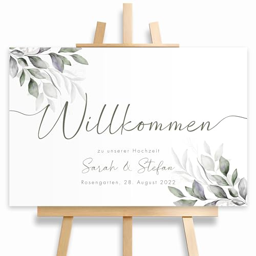 HEI Print Willkommensschild Hochzeit Greenery mit Datum und Namen, personalisierte Hochzeitsdeko, Willkommen Schild, Grün, Poster (ohne Rahmen), 60x40