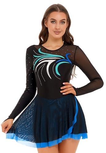 inlzdz Eiskunstlauf Kleid Damen Glitzer Tanzkleid Langarm Gymnastik Leotard Ballettkleid Ballettkleidung Rundhals Turntrikot Turnanzug Performance Kostüm Blau M
