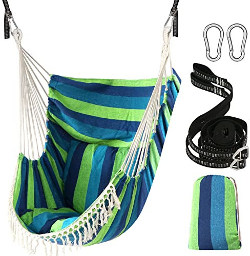 Chihee Hängesessel Hängende Schaukel 2 Sitzkissen enthalten,Starke Gurtbänder und Haken Einfach hängen Hängesessel aus weichem Baumwollgewebe Seitentasche Groß Quaste Stuhlset Komfort drinnen draußen