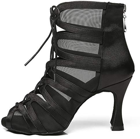 RUYBOZRY Botas de Baile Latino Mujer Cordones Punta Abierta Zapatos Baile de Salón Botines de Baile Salsa Bachata con Tacones 8,5cm Suela de Ante Negro,EU 39