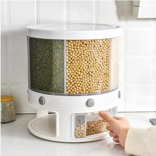 YOtat 22 Lbs Sealed Rice Dispenser 6 Grid 360° Rotating Grain Storage Container Box Moisture Proof Insect Proof Dry Food Organizer