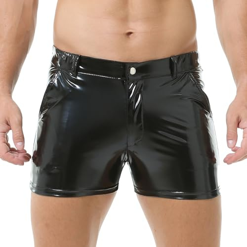 QiaTi Herr PU-läder shorts elastisk midja rave hot shorts dragkedja män sexiga shorts med fickor för klubb fest, 2# svart, L