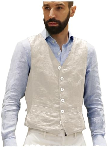 AeoTeokey Gilet d'été en lin pour homme, style vintage, rétro, business, fête, coupe droite, beige, XXXL