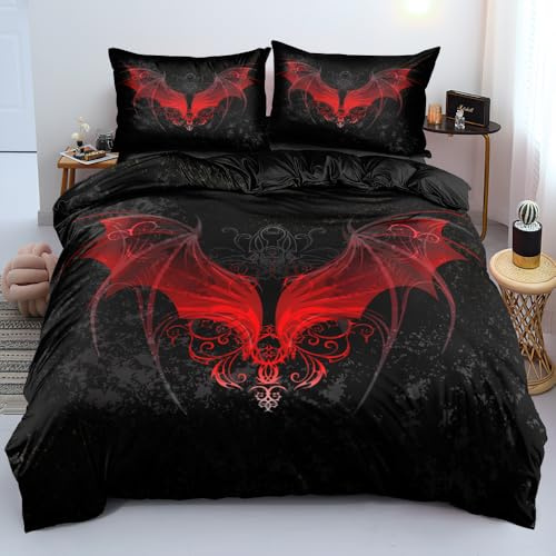Holiyjog Goth Duvet Cover with Pillow Shams Gothic Bedding Sets Red Bat Wing Patterns Skull Bed Set Full Size