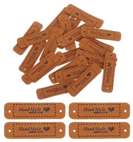 QUARKZMAN 20 Stück Handgemachte Leder Etiketten zum annähen Handmade Label PU Leder Handgefertigt Geprägtes Etikett für Verzieren Selbermachen Nähen Basteln, 55x15mm, Braun