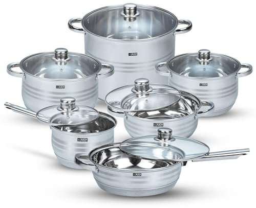 AKH HOUSEWARE Stainless Steel Cooking Pots and Pans Cookware Set of 6 - Frying Pan with Lid - Saucepan - Cooking Pot - Casserole Dishes - Stockpot - Mirror Coated Heavy Duty Kitchen Accessories Utensi