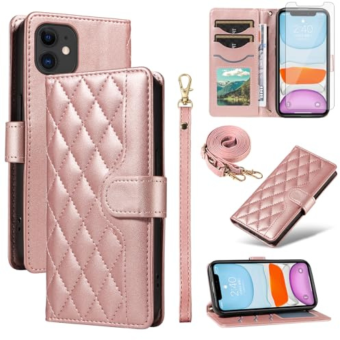 Asuwish Phone Case for iPhone 11 6.1 Wallet Cover with Tempered Glass Screen Protector and Wrist Strap Lanyard Card Holder Slot Stand Cell iphone11case iPhone11 i Phone11 11s XI 11R Women Men RoseGold