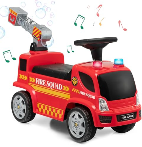 SOARS Rutschauto, Feuerwehrauto mit Seifenblasenpistole & Musik, Rutschfahrzeug mit Sirene & Warnleuchte, Kinderfahrzeug bis 20kg belastbar, für Kinder ab 1 Jahr (Stil A)