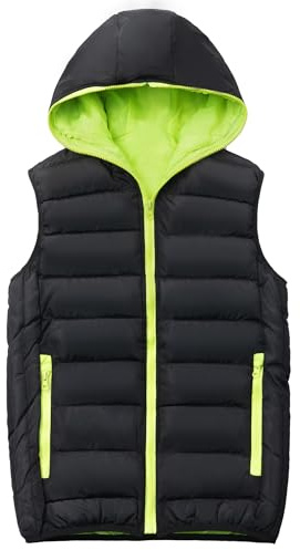 LAUSONS Gilet imbottito per bambini inverno caldo bambino senza maniche giacca con cappuccio, Nero Verde, 12-13 anni