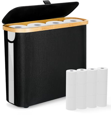 26L Toilettenpapier Aufbewahrung,Klopapier Aufbewahrung für 12 Rollen | Bambus, Wasserdicht,Faltbar,Klorollenaufbewahrung Perfekt für Aufbewahrung Badezimmer,Kleiderschrank(Schwarz)