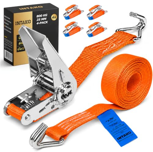 INTAKO Spanngurte mit Ratsche und Haken 4m (3,5m + 0,5m) - 800kg 25mm - TÜV & DIN Geprüft - 2-teilig Zurrgurte, Ratschengurte, Spanngurt für Anhänger (Orange, 4m (4 Stück))