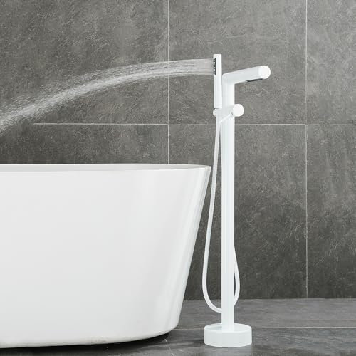 CWCQGH Freistehende Badewannenarmaturen, weiße Badewannen-Wasserfall-Mischbatterien mit Dusche, 360° drehbarer Wasserhahn, Badewannenarmatur
