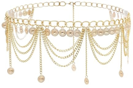 fdsmall Cinturón de cadena de moda para mujer, cadena de cintura de moneda, cadenas de danza del vientre, cinturón de cadera, colgante de borla, cadena de bordillo en capas, accesorio de disfraz para