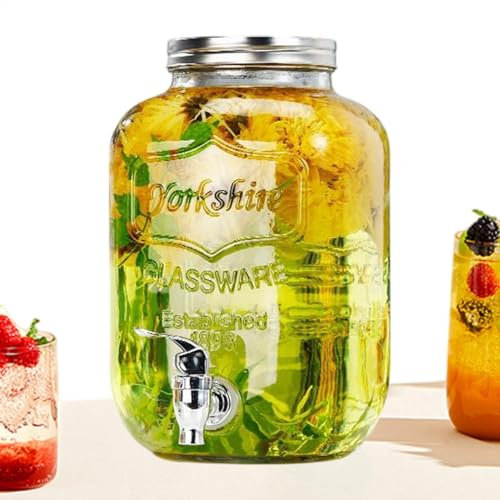 Glass Drink Dispenser with Tap | Ma-Son Jar Drink Dispenser with Leakproof Stainless Steel Tap & Ice Cylinder - Fridge Water Dispenser, Punch, Cocktails, Empty Beverage Dispenser