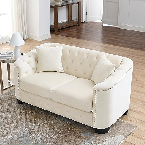 KEIKI 59 Chesterfield Sofa, 2 Seater Retro Velvet Couch with Nailhead Arms, Tufted Backrests, 2 Cushions for Living Room Bedroom Office Apartment, Beige