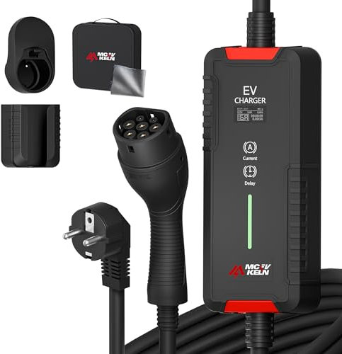 MCEVKELN Câble de charge Schuko de type 2 3,6 kW 12 m - Chargeur EV type 2 Schuko - Courant commutable 6 A/8 A/10 A/13 A/16 A - Monophasé - IP65 - 12 m - Mode 3 - Câble de charge pour voitures